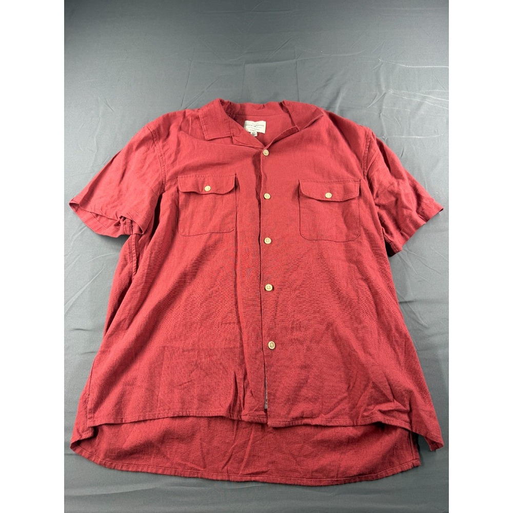 Lucky Brand Mens L Linen Blend Camp Shirt Red Short Sleeve Button Up Pockets